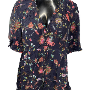 NEW ANTHROPOLOGIE Women's Baby Doll Top Black Size S Sheer Floral Ruffle Button